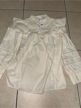 Ann Taylor Cream Smocked Yoke Ruffle Sleeve Blouse